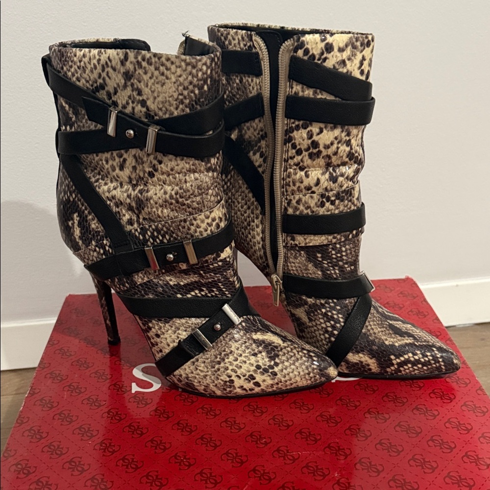 Guess Snakeskin Heeled Boots with Black Straps